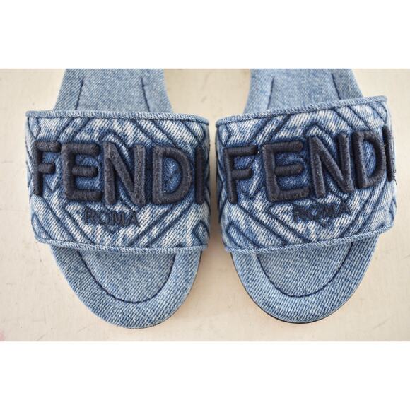 Fendi Blue Denim Signature FF Monogram Logo Mule Slide Flat Flip Flop Sandal 36 - Picture 10 of 15